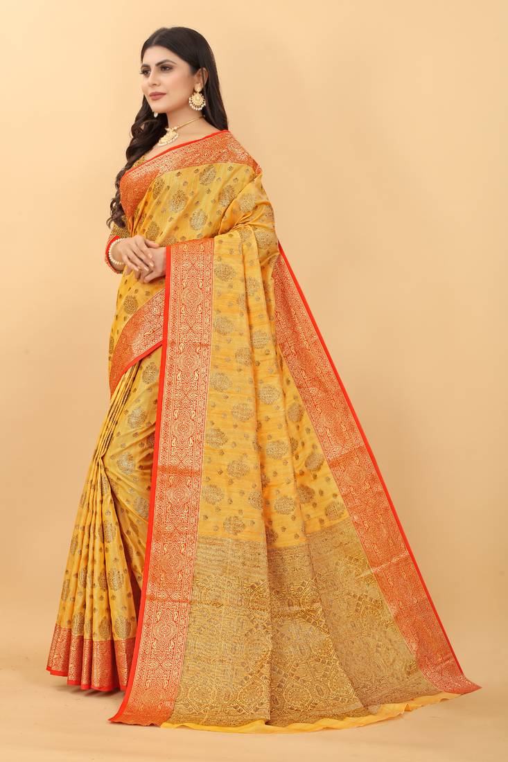 Haldi Yellow  Tessar Silk Saree With Handloom Weaving Work