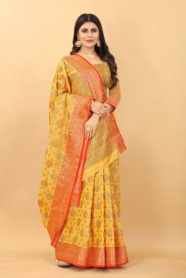 Haldi Yellow  Tessar Silk Saree With Handloom Weaving Work 3