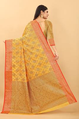 Haldi Yellow  Tessar Silk Saree With Handloom Weaving Work 4