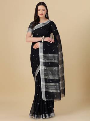 Black woven pure linen saree with blouse 1