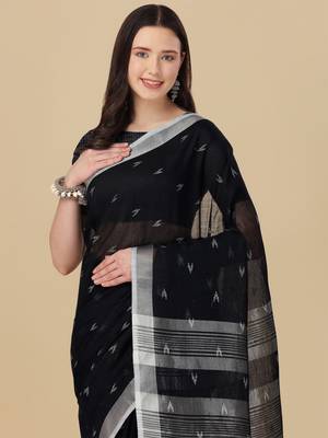 Black woven pure linen saree with blouse 2