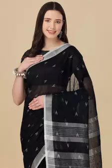Black woven pure linen saree with blouse