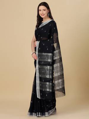 Black woven pure linen saree with blouse 3