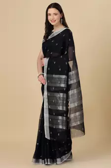 Black woven pure linen saree with blouse