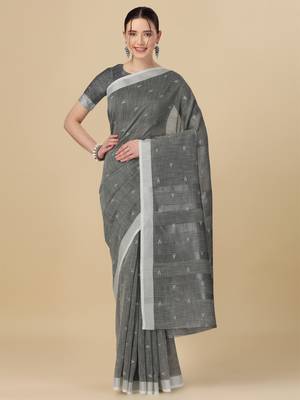 Grey woven pure linen saree with blouse 1