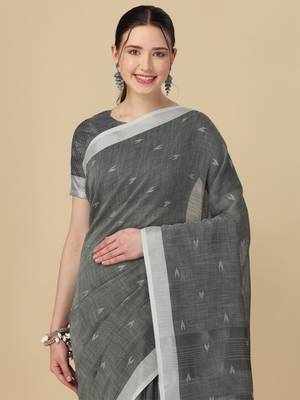 Grey woven pure linen saree with blouse 2