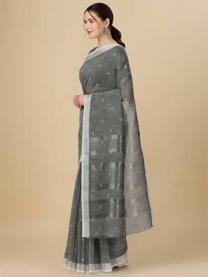 Grey woven pure linen saree with blouse 3