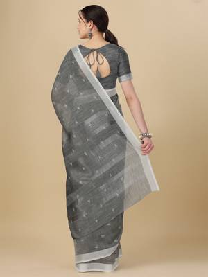 Grey woven pure linen saree with blouse 4
