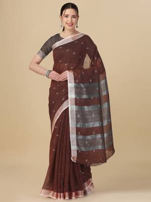 Brown woven pure linen saree with blouse 1