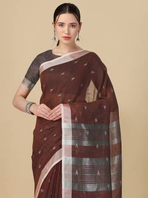 Brown woven pure linen saree with blouse 2
