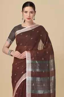 Brown woven pure linen saree with blouse