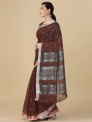 Brown woven pure linen saree with blouse 3
