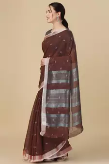 Brown woven pure linen saree with blouse