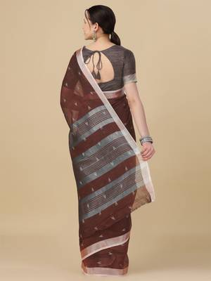 Brown woven pure linen saree with blouse 4