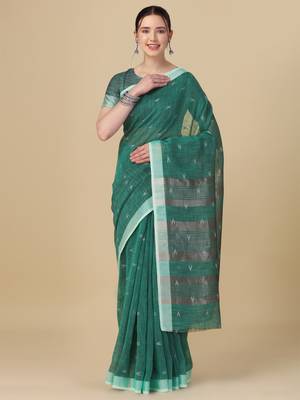 Sea green woven pure linen saree with blouse 1