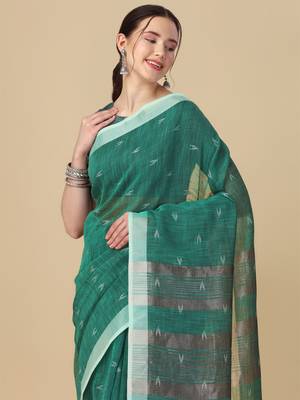 Sea green woven pure linen saree with blouse 2
