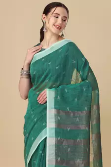 Sea green woven pure linen saree with blouse