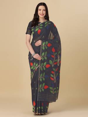 Navy blue woven cotton saree with blouse 1