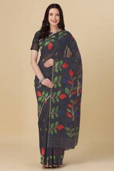 Navy blue woven cotton saree with blouse