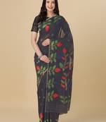 Navy blue woven cotton saree with blouse