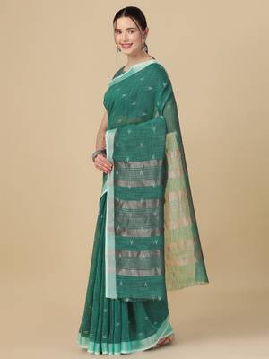 Sea green woven pure linen saree with blouse 3