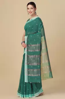 Sea green woven pure linen saree with blouse
