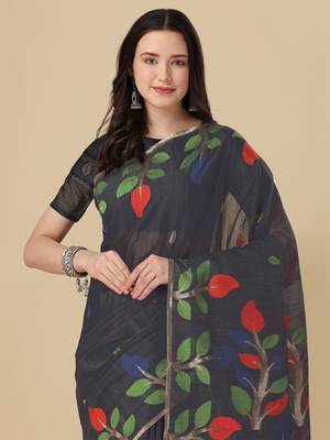 Navy blue woven cotton saree with blouse 2