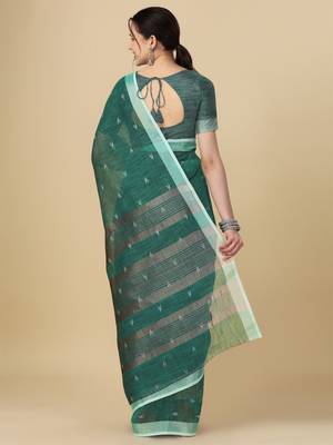 Sea green woven pure linen saree with blouse 4