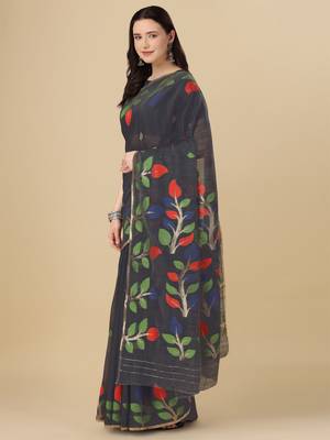 Navy blue woven cotton saree with blouse 3