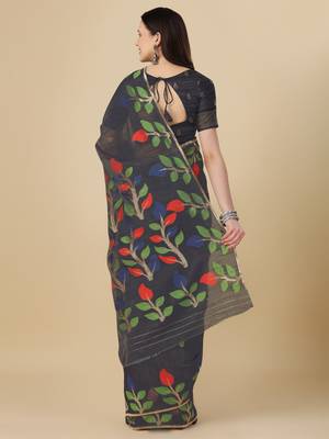Navy blue woven cotton saree with blouse 4
