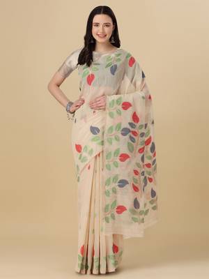 Cream woven cotton saree with blouse 1