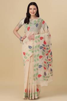 Cream woven cotton saree with blouse