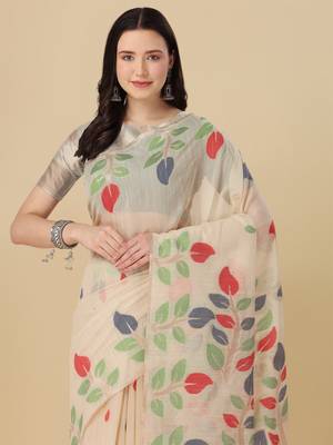Cream woven cotton saree with blouse 2