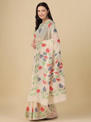 Cream woven cotton saree with blouse 3