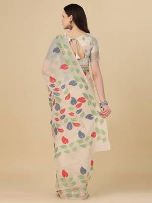 Cream woven cotton saree with blouse 4