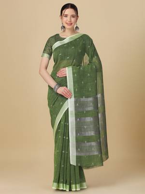 Green woven pure linen saree with blouse 1