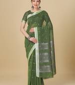 Green woven pure linen saree with blouse