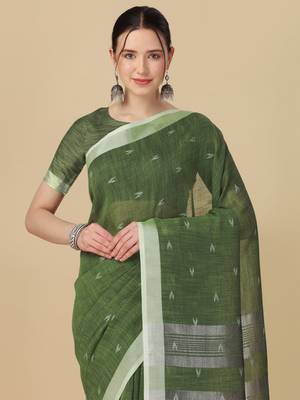Green woven pure linen saree with blouse 2