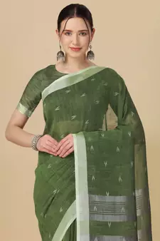 Green woven pure linen saree with blouse