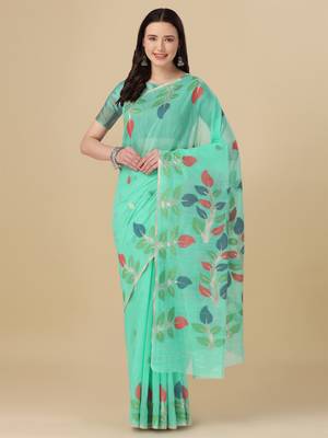 Sea green woven cotton saree with blouse 1