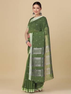 Green woven pure linen saree with blouse 3