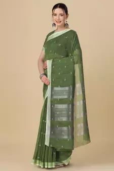Green woven pure linen saree with blouse