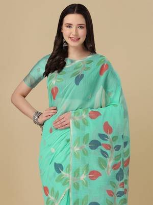 Sea green woven cotton saree with blouse 2