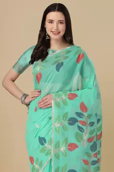 Sea green woven cotton saree with blouse