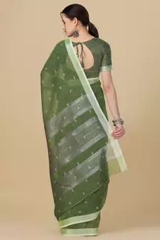 Green woven pure linen saree with blouse