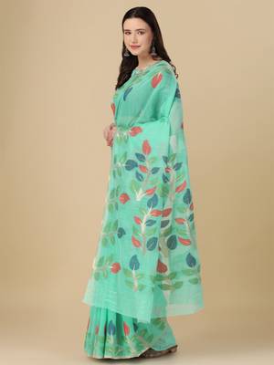 Sea green woven cotton saree with blouse 3