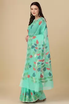 Sea green woven cotton saree with blouse