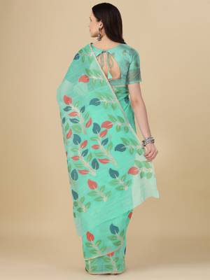 Sea green woven cotton saree with blouse 4