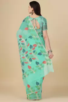 Sea green woven cotton saree with blouse