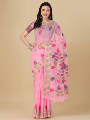 Light pink woven cotton saree with blouse 1